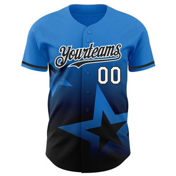 Custom Electric Blue Black-White 3D Pattern Design Gradient Style Twinkle Star Authentic Baseball Jersey