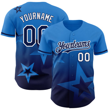 Custom Electric Blue Navy-White 3D Pattern Design Gradient Style Twinkle Star Authentic Baseball Jersey