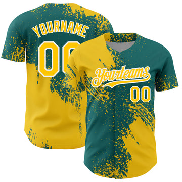 Custom Yellow Teal-White 3D Pattern Design Abstract Brush Stroke Authentic Baseball Jersey