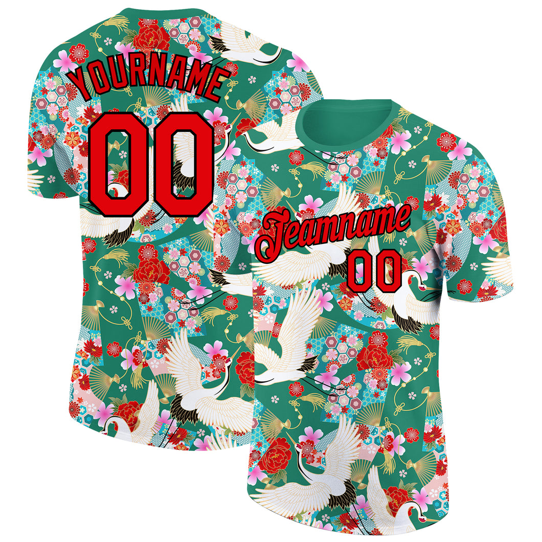 Custom Kelly Green Red-Black 3D Pattern Design Animal Crane Performance T-Shirt