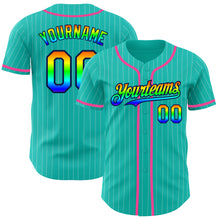 Load image into Gallery viewer, Custom Aqua White Pinstripe Rainbow Navy-Pink 3D Authentic Baseball Jersey
