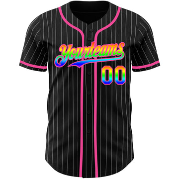 Custom Black White Pinstripe Rainbow-Pink 3D Authentic Baseball Jersey