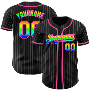 Custom Black White Pinstripe Rainbow-Pink 3D Authentic Baseball Jersey