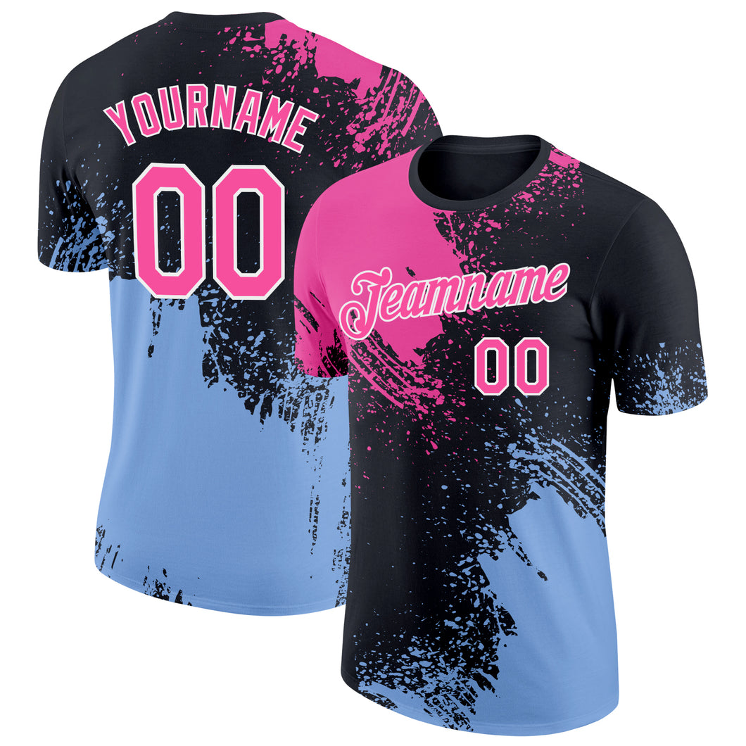 Custom Pink Black-Light Blue 3D Pattern Design Abstract Brush Stroke Performance T-Shirt