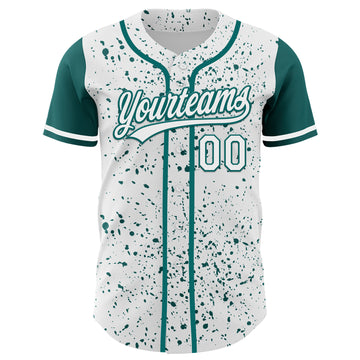 Custom White Teal 3D Pattern Design Abstract Splatter Ink Authentic Baseball Jersey