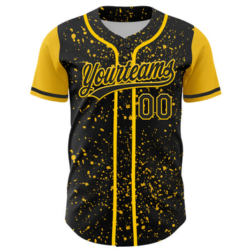 Custom Black Yellow 3D Pattern Design Abstract Splatter Ink Authentic Baseball Jersey