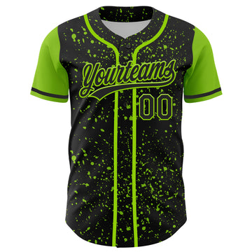 Custom Black Neon Green 3D Pattern Design Abstract Splatter Ink Authentic Baseball Jersey