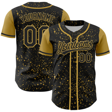 Custom Black Old Gold 3D Pattern Design Abstract Splatter Ink Authentic Baseball Jersey
