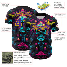 Load image into Gallery viewer, Custom Black Purple-Gold 3D Pattern Design Rave Skull Authentic Baseball Jersey
