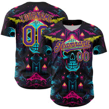 Load image into Gallery viewer, Custom Black Purple-Gold 3D Pattern Design Rave Skull Authentic Baseball Jersey
