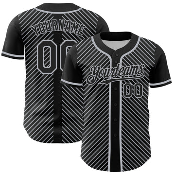 Custom Black Gray 3D Pattern Design Diagonal Stripes Authentic Baseball Jersey