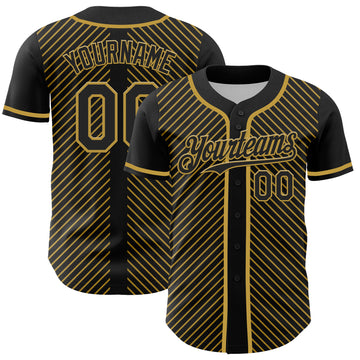 Custom Black Old Gold 3D Pattern Design Diagonal Stripes Authentic Baseball Jersey