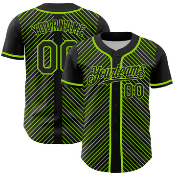 Custom Black Neon Green 3D Pattern Design Diagonal Stripes Authentic Baseball Jersey