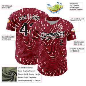 Custom Crimson Black-White 3D Pattern Design Abstract Fluid Authentic Baseball Jersey