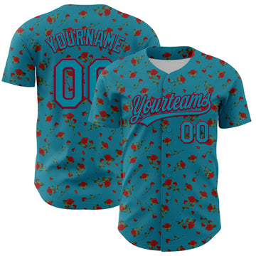 Custom Teal Maroon 3D Pattern Design Gothic Style Rose Authentic Baseball Jersey