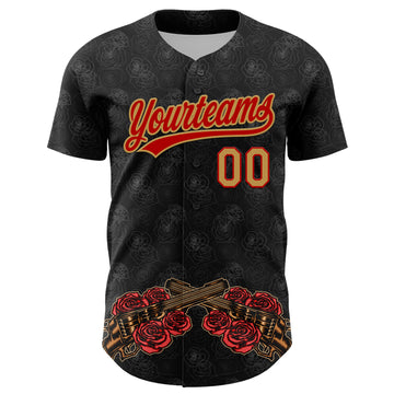 Custom Black Old Gold-Red 3D Pattern Design Gothic Style Gun With Rose Authentic Baseball Jersey