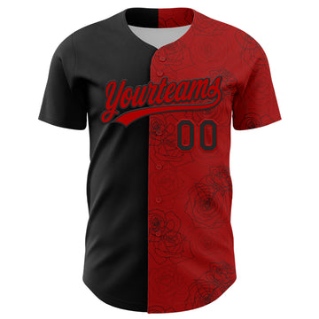 Custom Red Black 3D Pattern Design Gothic Style Rose Authentic Baseball Jersey