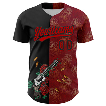 Custom Crimson Black-Red 3D Pattern Design Gothic Style Gun With Rose Authentic Baseball Jersey