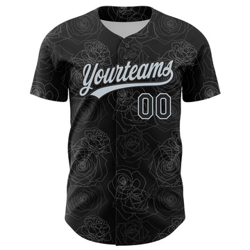 Custom Black Silver 3D Pattern Design Gothic Style Rose Authentic Baseball Jersey