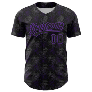 Custom Black Purple 3D Pattern Design Gothic Style Rose Authentic Baseball Jersey