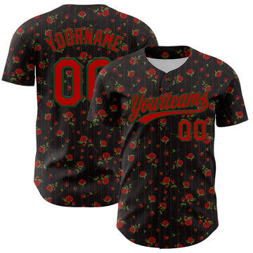 Custom Black Red-Green 3D Pattern Design Gothic Style Rose Authentic Baseball Jersey