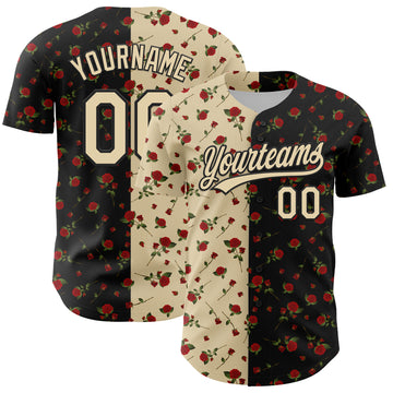 Custom Black Cream 3D Pattern Design Gothic Style Rose Authentic Baseball Jersey