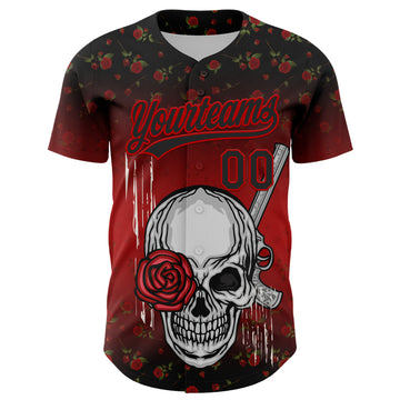 Custom Black Red 3D Pattern Design Gothic Style Skull With Rose And Gun Authentic Baseball Jersey