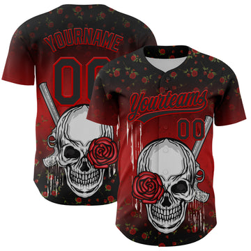 Custom Black Red 3D Pattern Design Gothic Style Skull With Rose And Gun Authentic Baseball Jersey