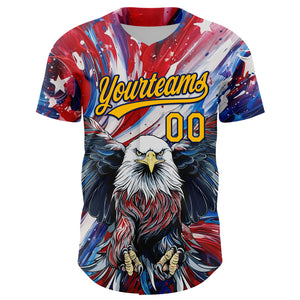 Custom Red Gold-Navy 3D American Flag Eagle And Star Authentic Baseball Jersey