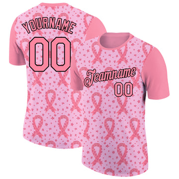 Custom Light Pink Medium Pink-Black 3D Pink Ribbon Breast Cancer Performance T-Shirt