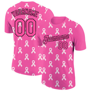 Custom Pink Black 3D Pink Ribbon Breast Cancer Performance T-Shirt