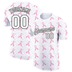 Custom White Black 3D Pink Ribbon Breast Cancer Performance T-Shirt