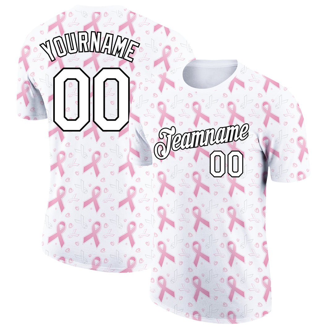 Custom White Black 3D Pink Ribbon Breast Cancer Performance T-Shirt