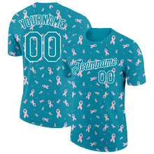 Load image into Gallery viewer, Custom Teal White 3D Pink Ribbon Breast Cancer Performance T-Shirt
