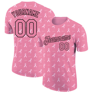 Custom Medium Pink Black 3D Pink Ribbon Breast Cancer Performance T-Shirt