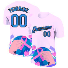 Load image into Gallery viewer, Custom Light Pink Electric Blue-Black 3D Pink Ribbon Breast Cancer Performance T-Shirt
