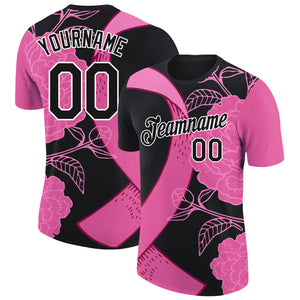 Custom Black Pink-White 3D Pink Ribbon Breast Cancer Performance T-Shirt