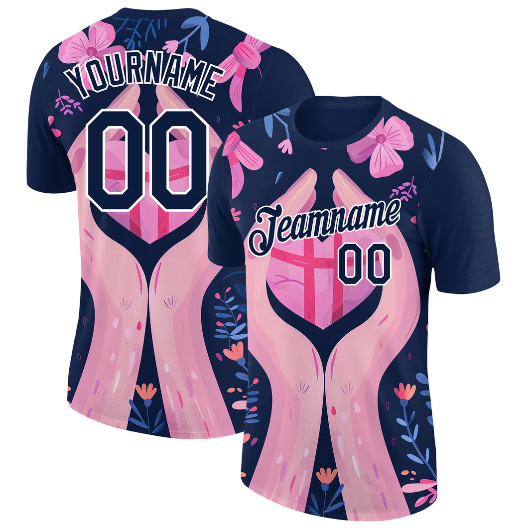 Custom Navy White 3D Pink Ribbon Breast Cancer Performance T-Shirt