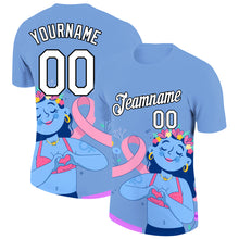 Load image into Gallery viewer, Custom Light Blue White-Black 3D Pink Ribbon Breast Cancer Performance T-Shirt
