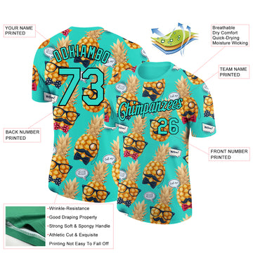 Custom Aqua Black 3D Pattern Design Hawaii Style Pineapple Performance T-Shirt