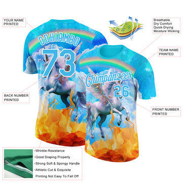Custom Lakes Blue White 3D Pattern Design Unicorn Under The Rainbow Performance T-Shirt