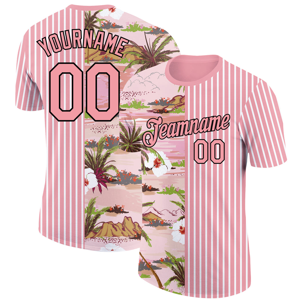 Custom Medium Pink Black-White 3D Hawaii Island Performance T-Shirt