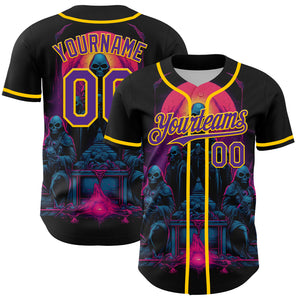 Custom Black Purple-Yellow 3D Pattern Design Rave Skull Authentic Baseball Jersey