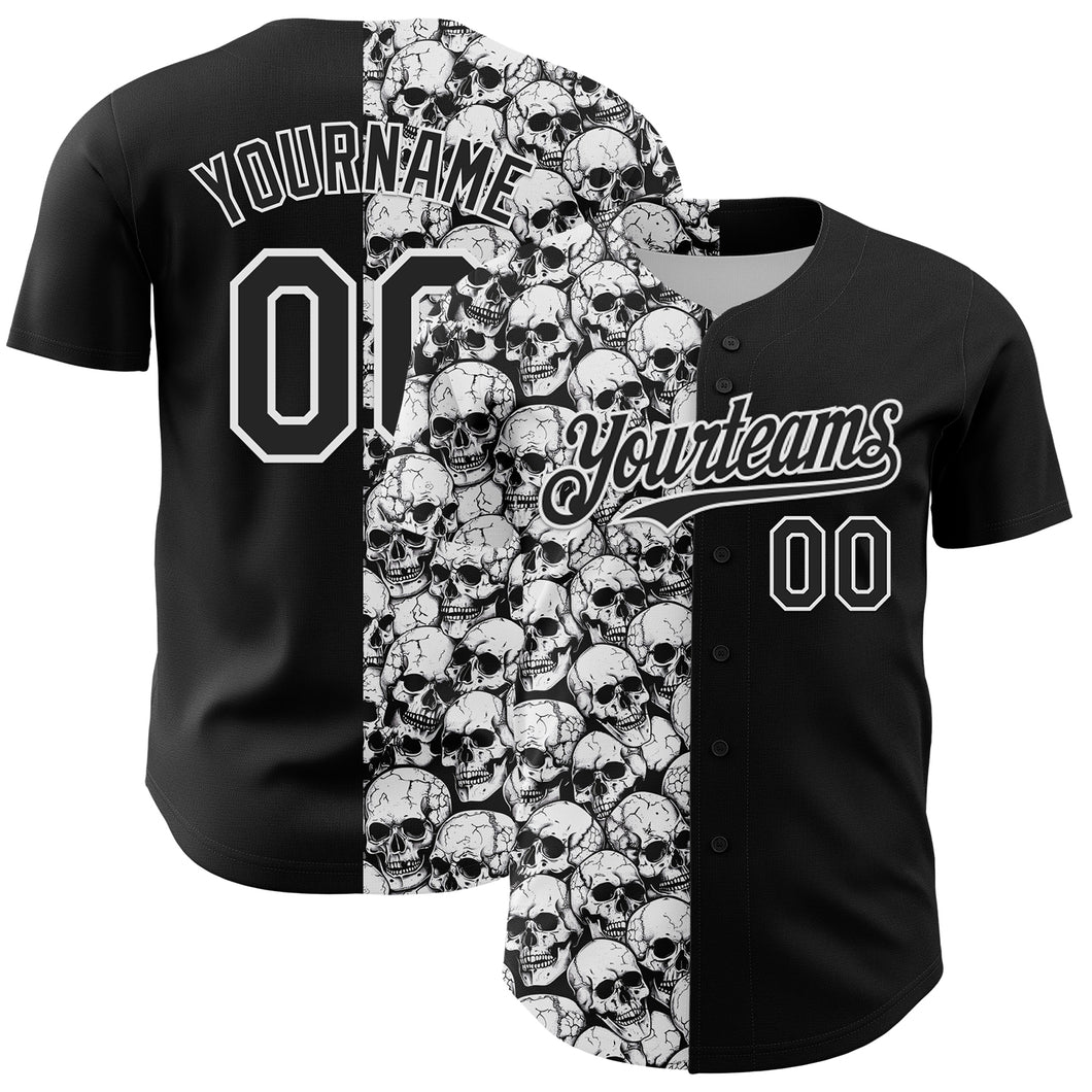 Custom Black White 3D Pattern Design Rave Skull Authentic Baseball Jersey