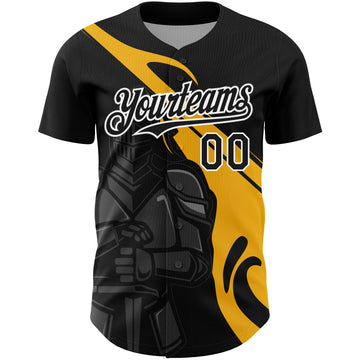 Custom Black Gold-White 3D Pattern Design Knight Hero Art Authentic Baseball Jersey