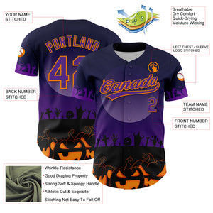 Custom Black Purple-Bay Orange 3D Pattern Halloween Skull Authentic Baseball Jersey