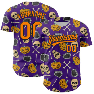 Custom Purple Bay Orange-Black 3D Pattern Halloween Skull Authentic Baseball Jersey