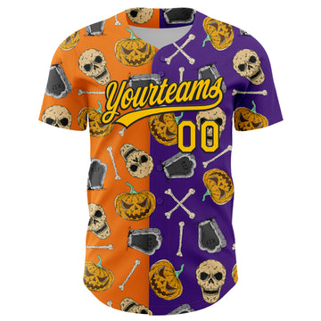 Custom Purple Yellow Bay Orange-Black 3D Pattern Halloween Skull Authentic Baseball Jersey