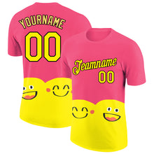 Load image into Gallery viewer, Custom Neon Pink Light Yellow-Black 3D Pattern Design Smile Emoji Performance T-Shirt
