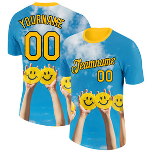 Custom Sky Blue Gold-Black 3D Pattern Design Smile Emoji Performance T-Shirt